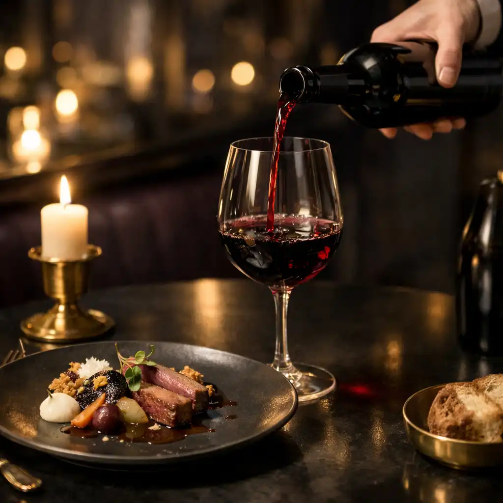 Assiette gastronomique, verre de vin et geste de service sur une table sombre