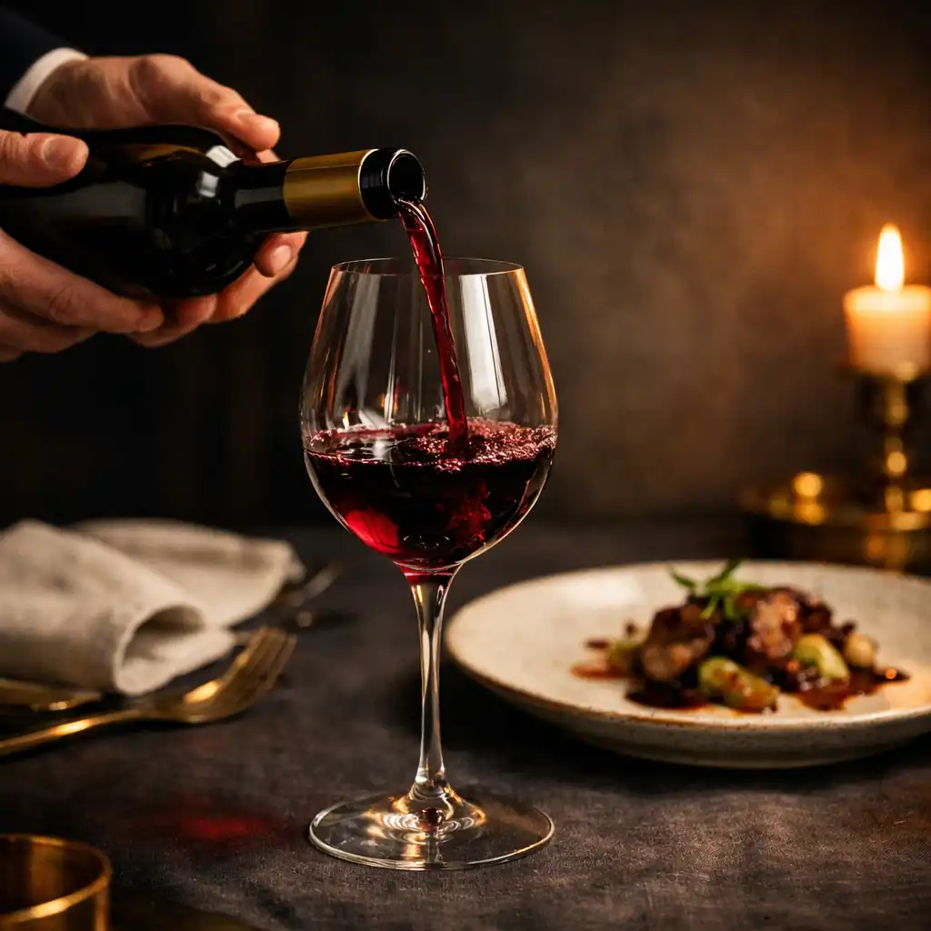 Main d’un sommelier versant du vin dans un verre au-dessus d’une table gastronomique.
