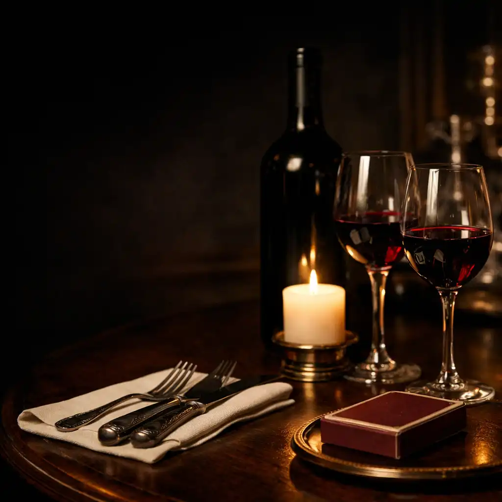 Table de dîner nocturne avec bouteille, verres de vin, couvert et jeu de cartes fermé