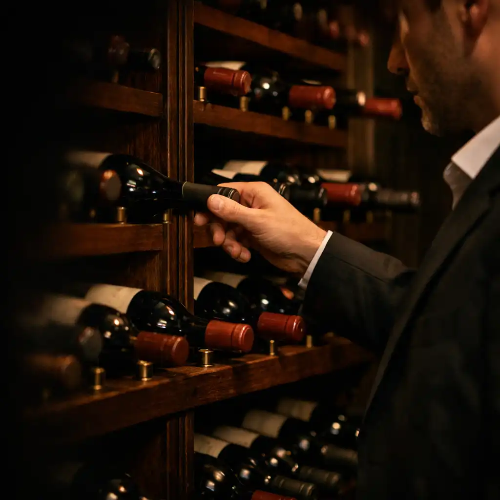 Main sélectionnant une bouteille parmi des rangées de vin dans une cave en bois sombre