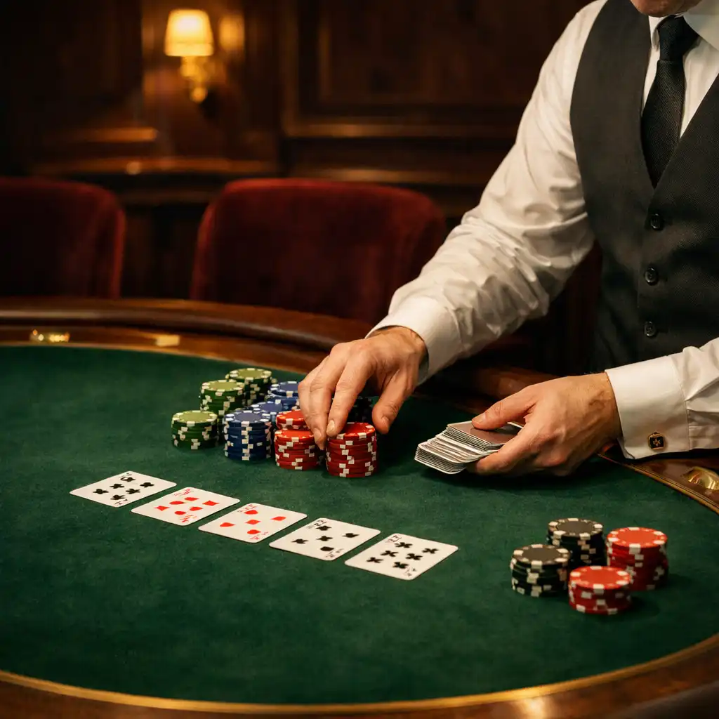Main d’un croupier professionnel organisant cartes et jetons sur une table de salon privée.