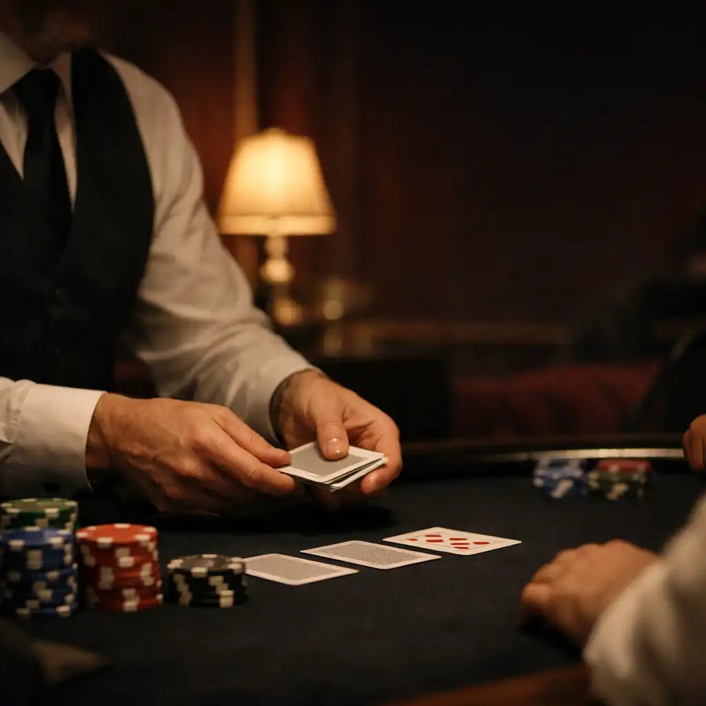 Mains d’un croupier professionnel distribuant des cartes sur une table en feutre sombre