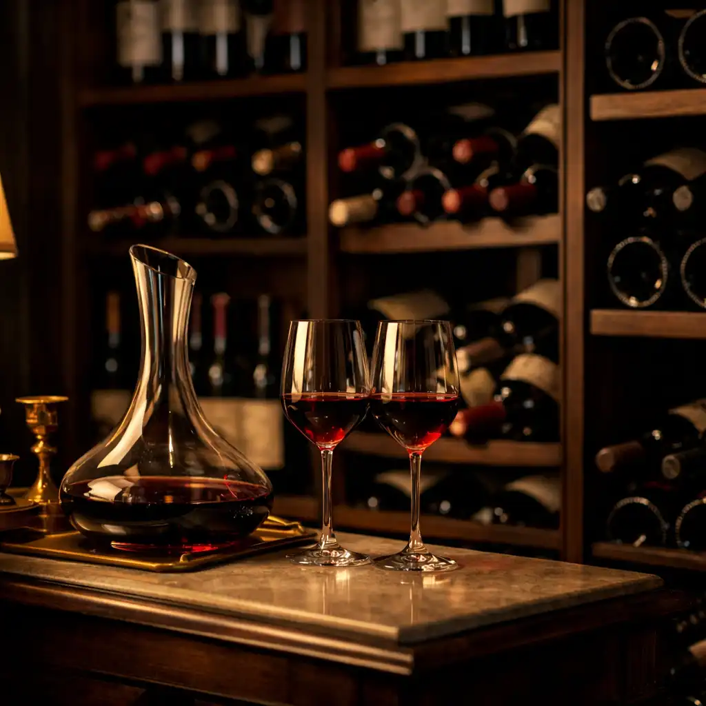 Bouteilles, carafe et verres fins dans une cave de sommelier aux boiseries sombres