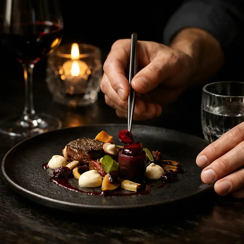 Mains finalisant une assiette de cuisine gastronomique sur une table sombre