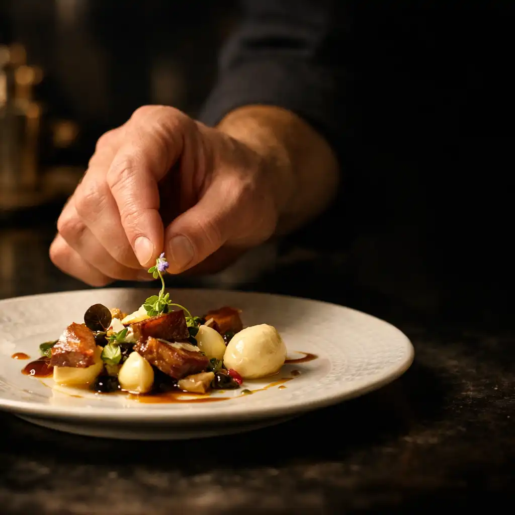 Geste précis de finition d'une assiette dans une cuisine gastronomique