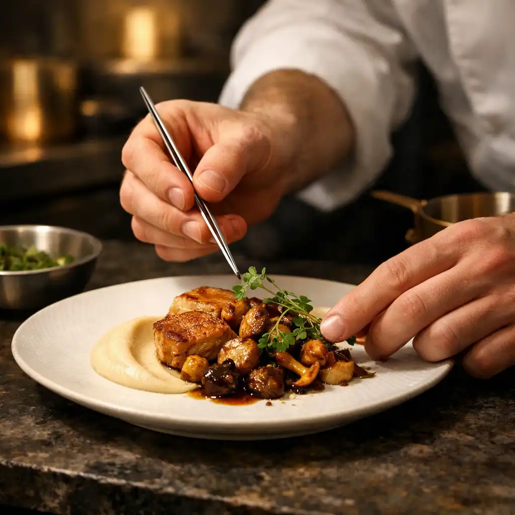Mains finalisant une assiette gastronomique sur un passe de cuisine