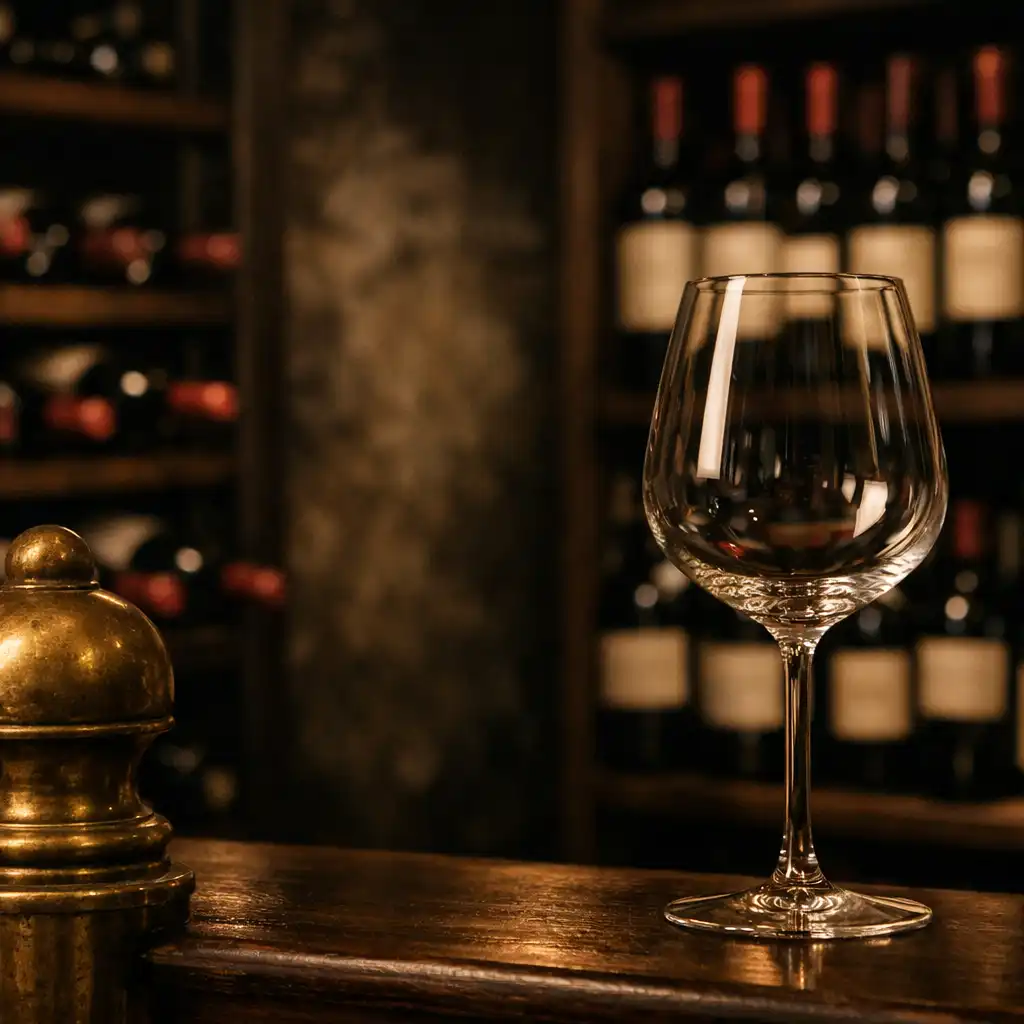 Cave sombre, verre de dégustation et bouteilles aux étiquettes discrètes