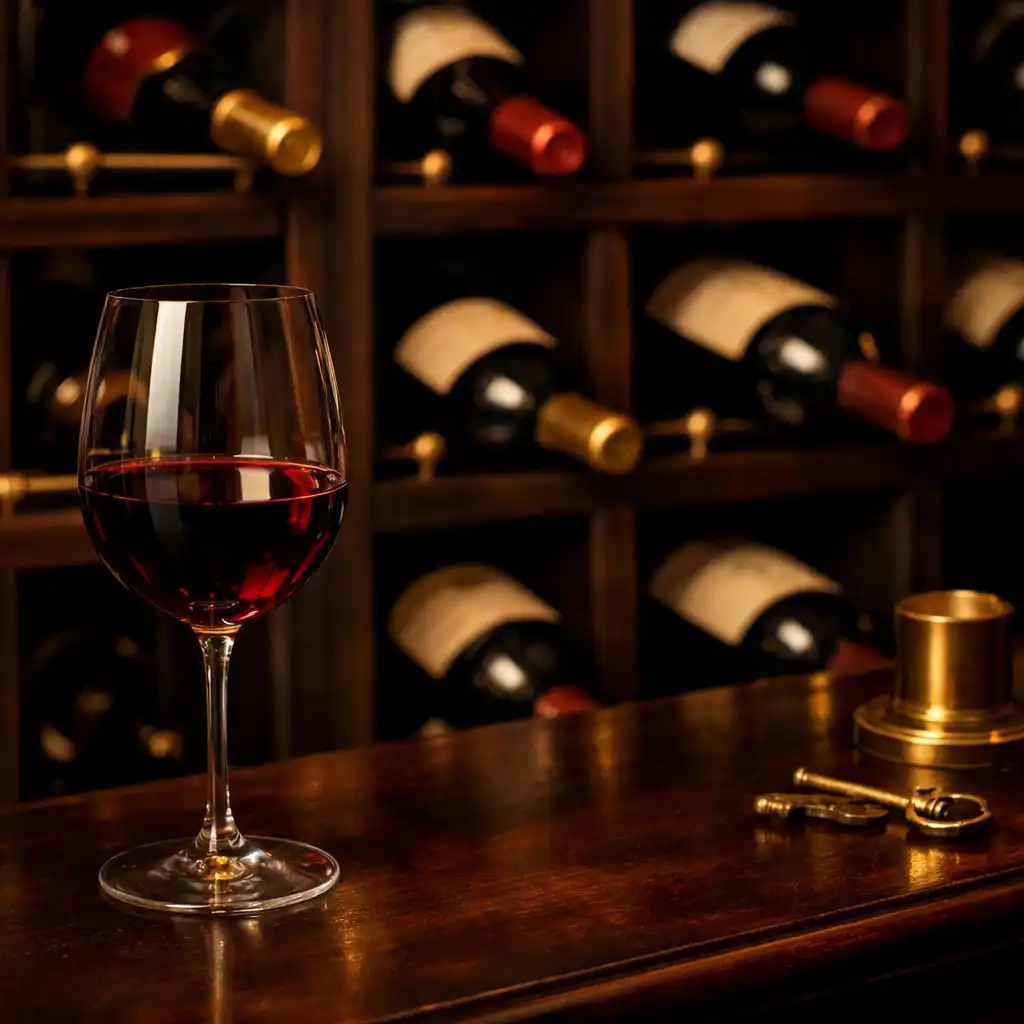 Bouteilles de vin dans une cave sombre avec un verre au premier plan