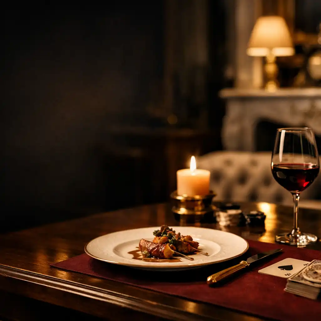 Table nocturne avec verre de vin, assiette raffinée et détail de feutre de cartes