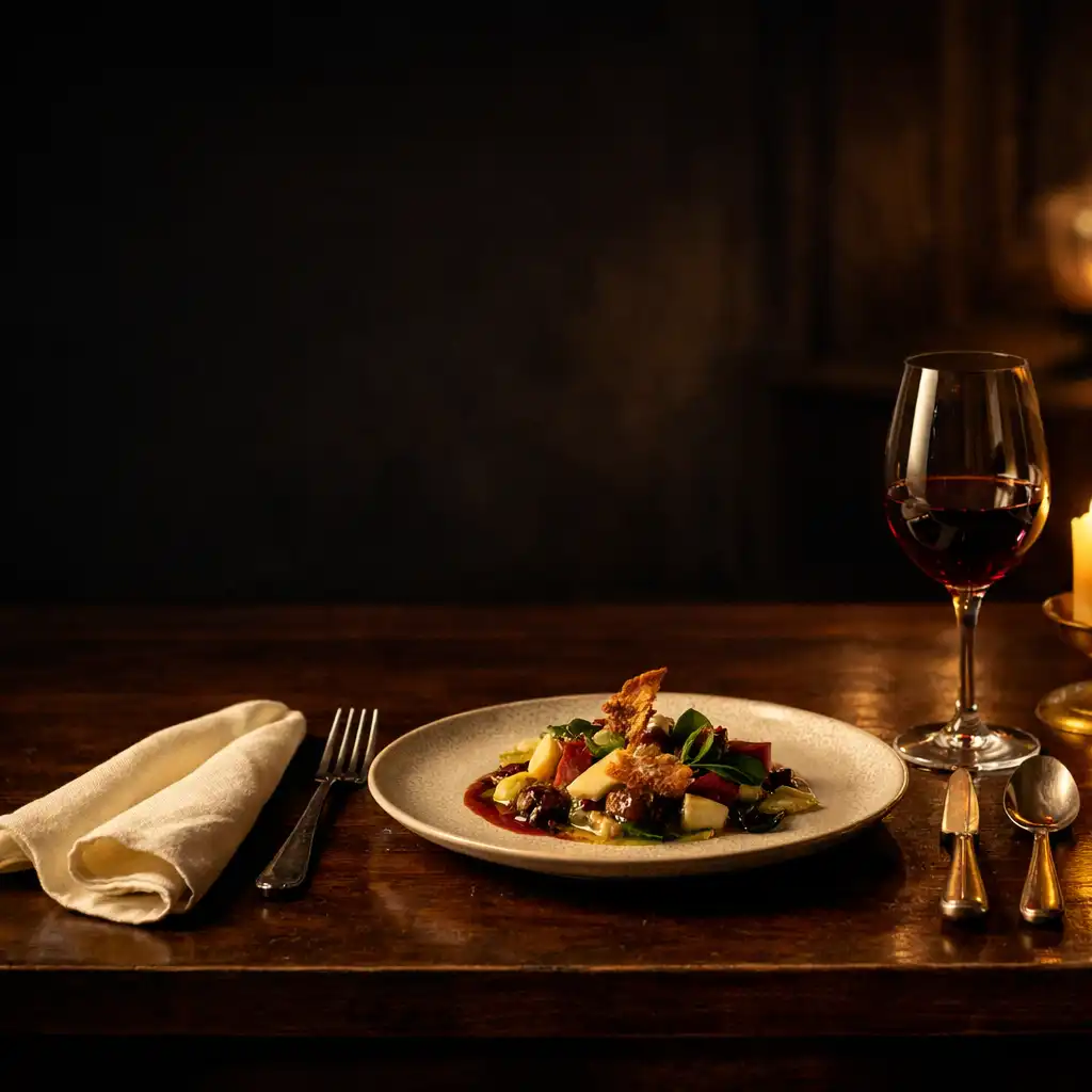 Table gastronomique éclairée à la bougie avec verre de vin et couverts polis