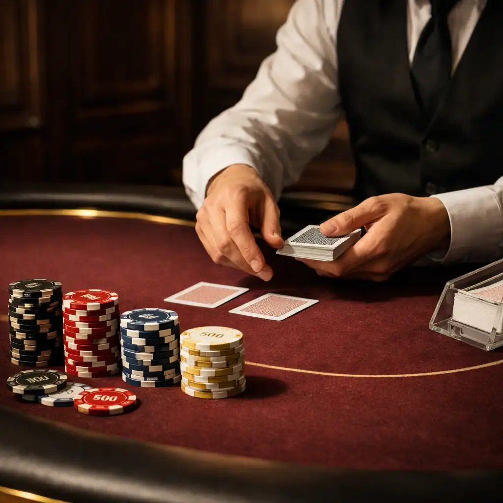 Mains d'un croupier distribuant des cartes sur une table de poker en feutre bordeaux
