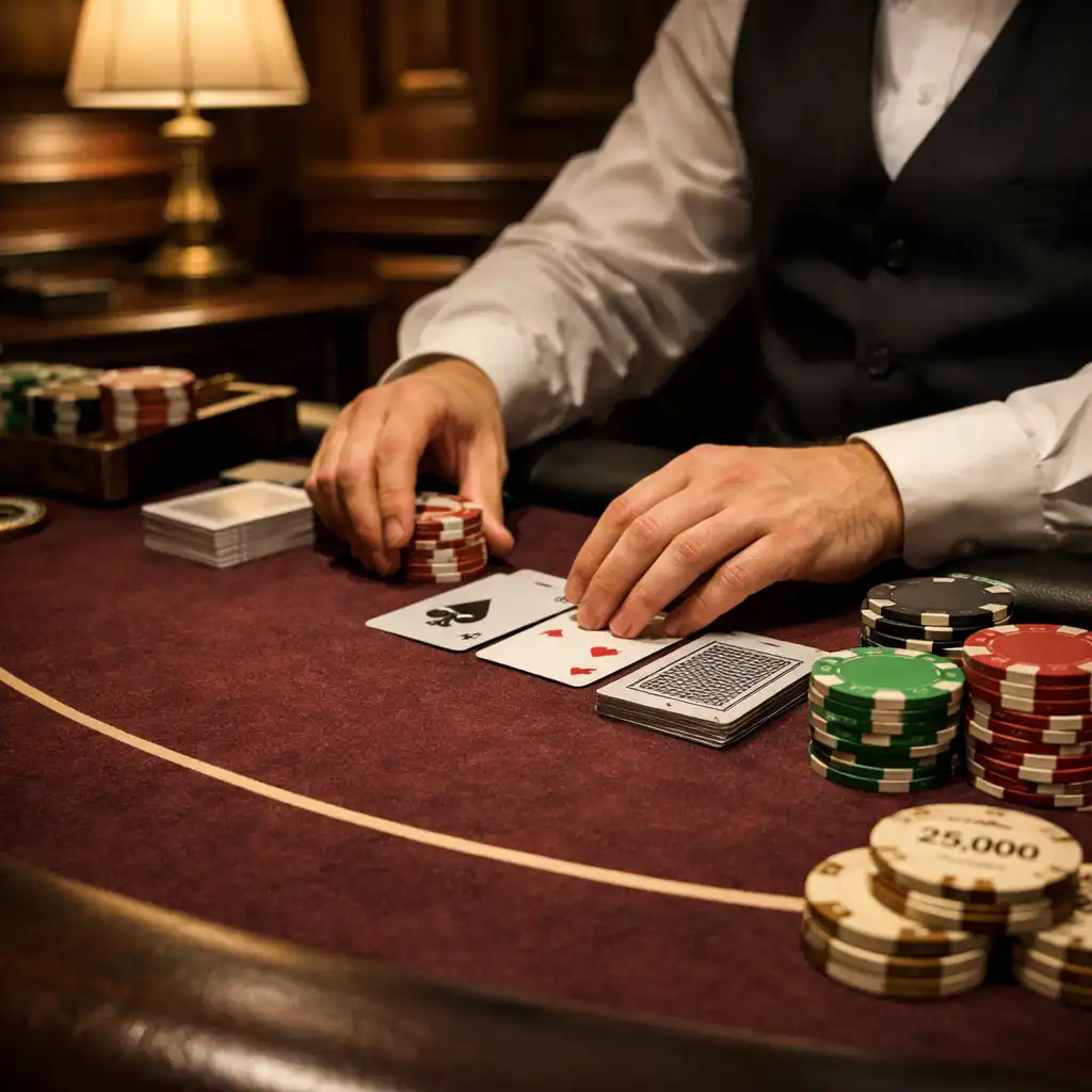 Mains d’un croupier professionnel près d’une table de poker sur-mesure