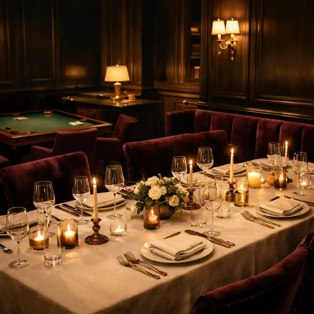 Salon privé préparé avec table dressée, verrerie fine et lumière de bougie