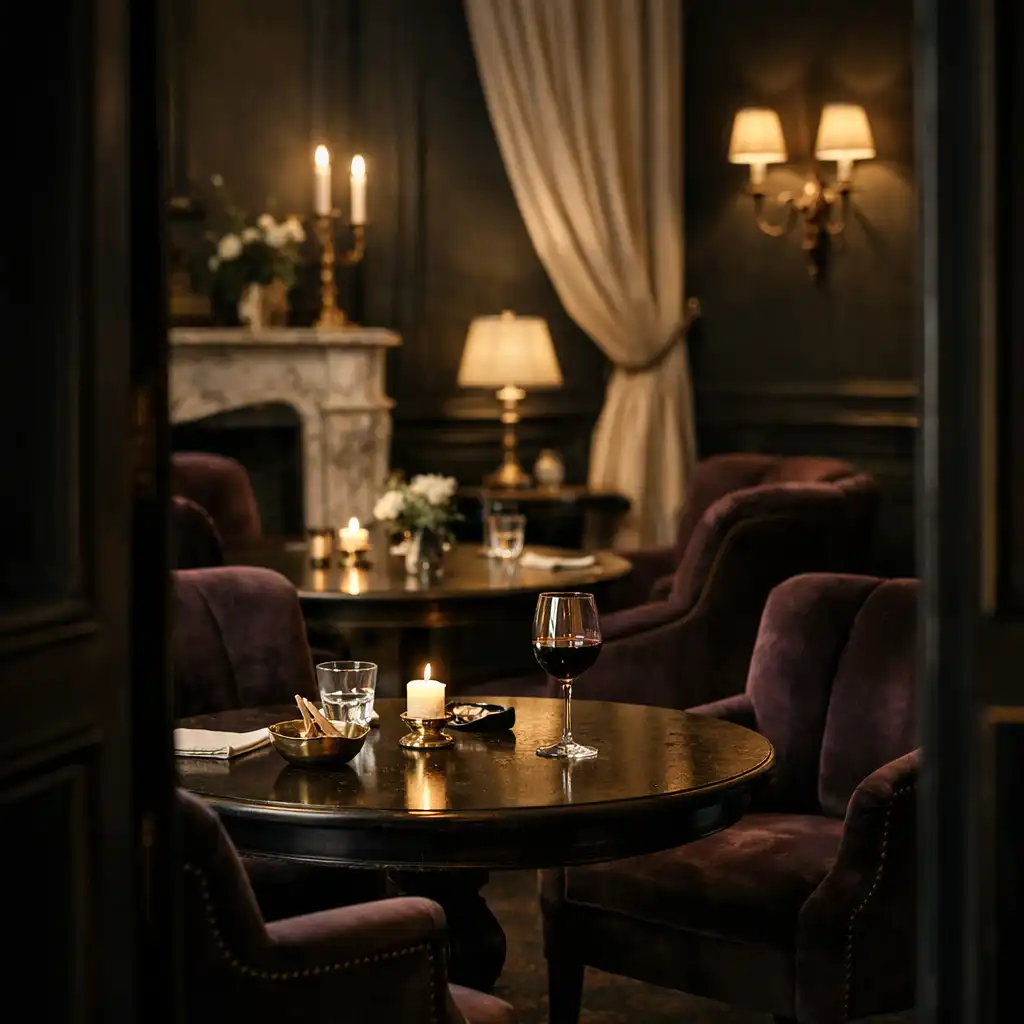 Salon privé aux fauteuils de velours et table sombre préparée pour un moment intimiste