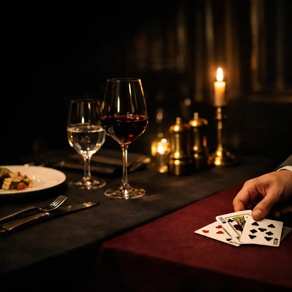 Table de gastronomie nocturne avec verrerie, couvert patiné et détail discret de cartes