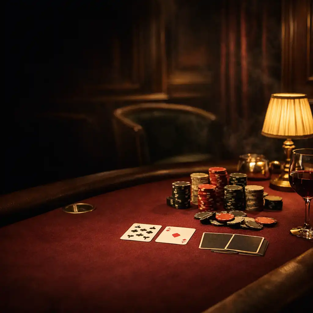 Table de poker feutrée avec jetons officiels, cartes et verre de vin dans un salon privé