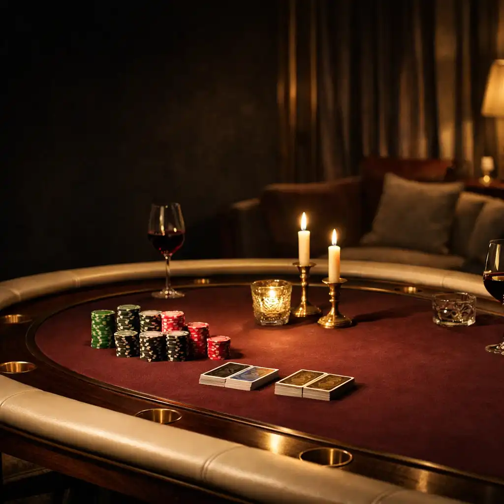 Table de poker sur-mesure en feutre bordeaux dans un salon privé éclairé à la bougie