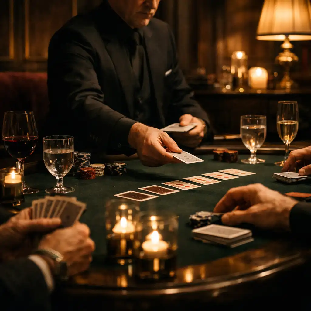 Croupier professionnel distribuant les cartes lors d’une soirée encadrée dans un salon privé