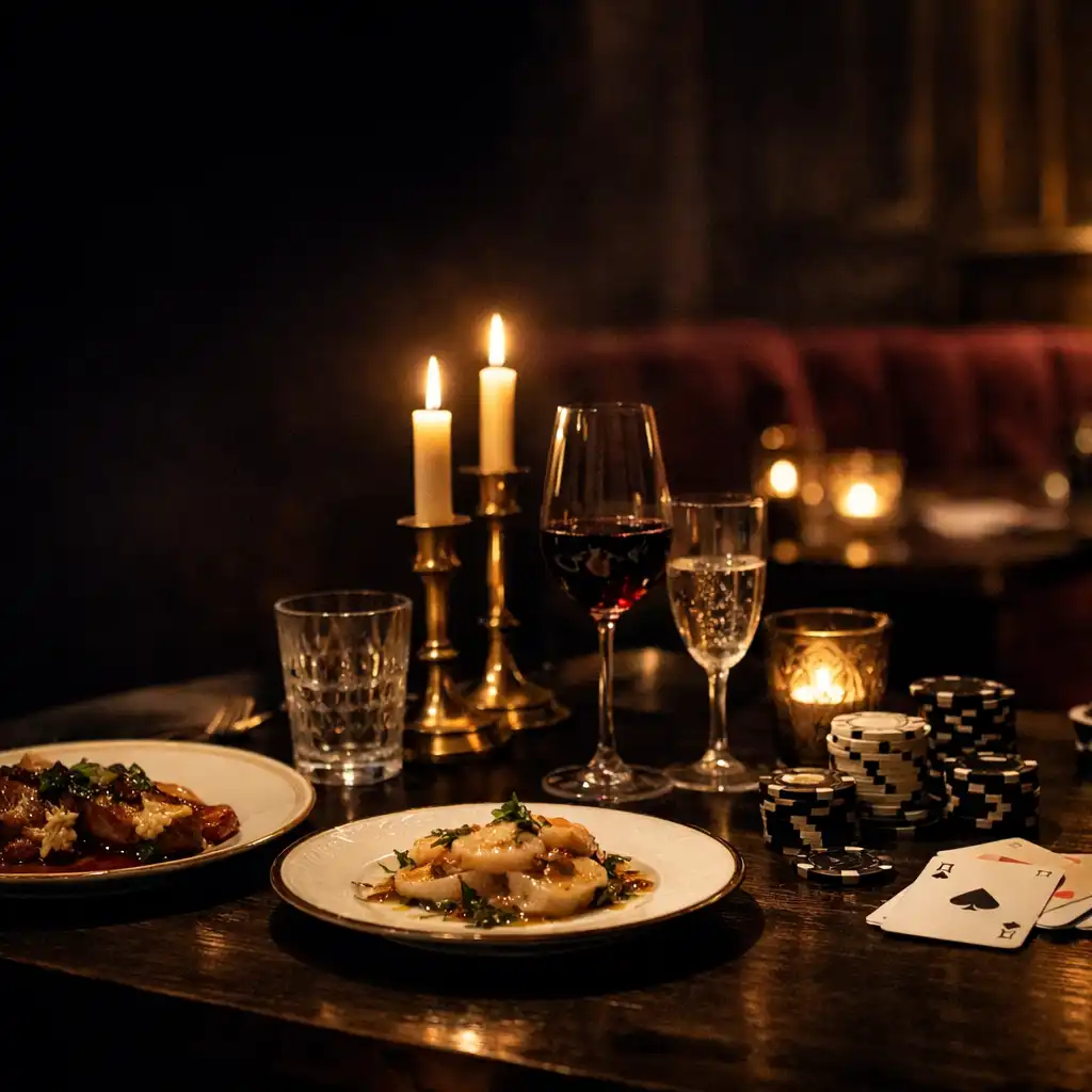 Table de réception privée éclairée à la bougie, avec verres de vin, cartes et jetons discrets.