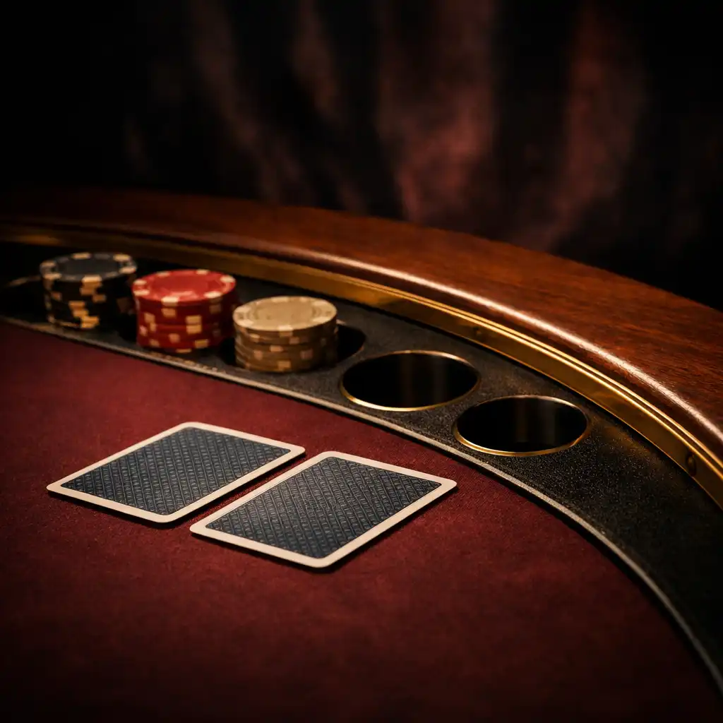 Détail d’une table de poker en noyer poli, feutre bordeaux et incrustation de laiton