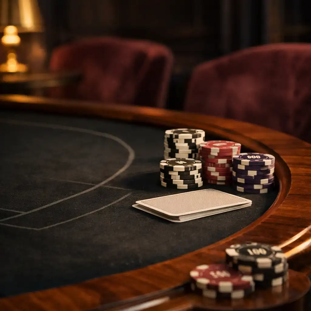 Détail d’une table de poker sur-mesure avec feutre sombre et jetons officiels